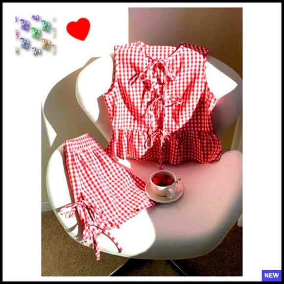 Plaid Gingham Bow Tie Front Ruffle Tank Top Wide Leg Shorts Set Summer - Picture 3 of 5